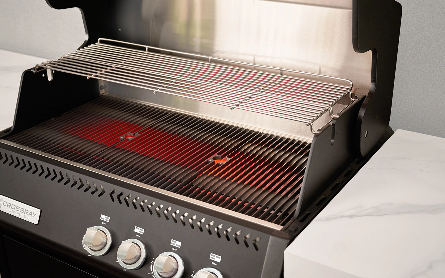 TCX XPlor outdoor kitchen- Black BBQ white benchtop Instiu – Close up TCX XPlor outdoor kitchen- Black BBQ white benchtop Instiu - Close up