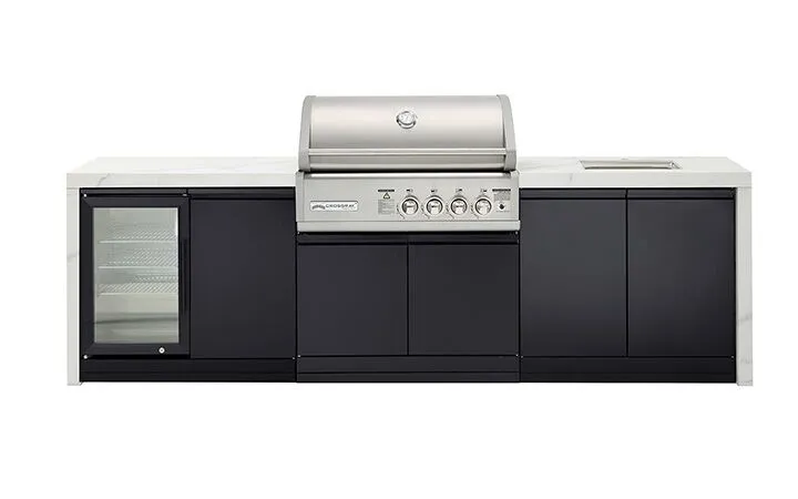 TCK4P-14-Gas-Premium-White-bench-black-fridge PREMIUM 4B Outdoor Kitchen. Double side cabinets with 1 x flat bench top, under bench sink and single fridge.