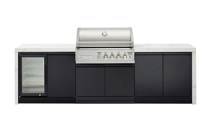 TC4KP-13-Gas-Premium-White-bench-black-fridge PREMIUM 4B Outdoor Kitchen. Double side cabinets with flat bench tops and single fridge.