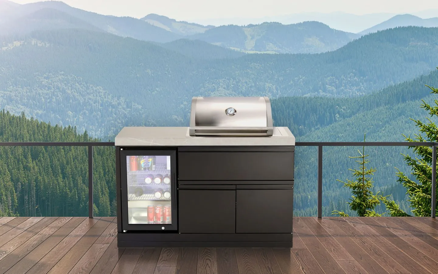 Mini-Kitchen-Gas-BBQ-in-situ-black-fridge alfresco outdoor kitchen