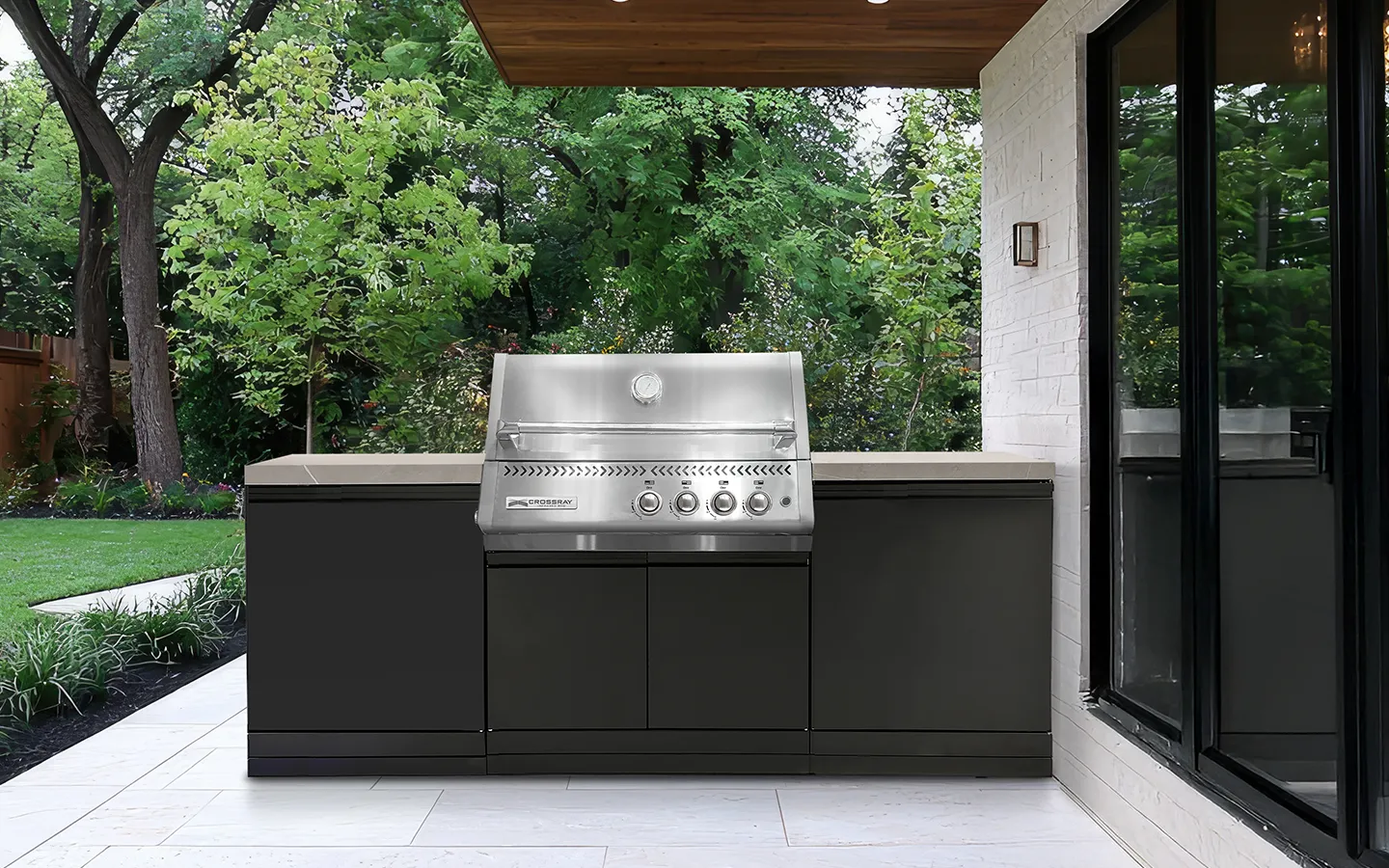 Xplor compact kitchen – GD4X_lifestyle_Silver BBQ Xplor compact kitchen with stainless steel BBQ and single fridge in an outdoor setting