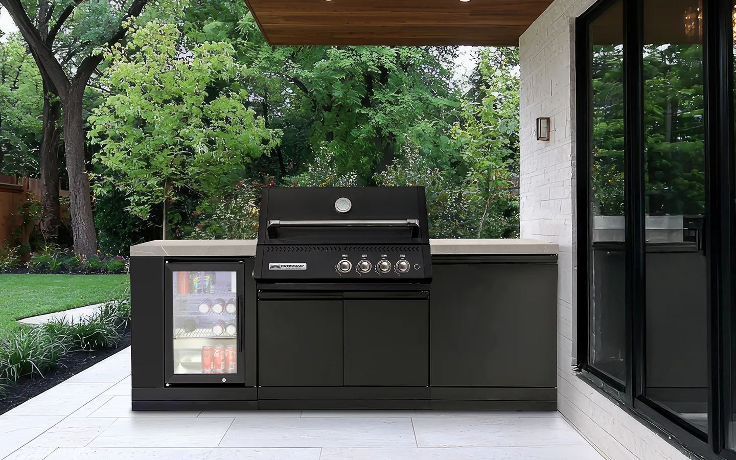 Xplor compact kitchen with black BBQ and single fridge in an outdoor setting